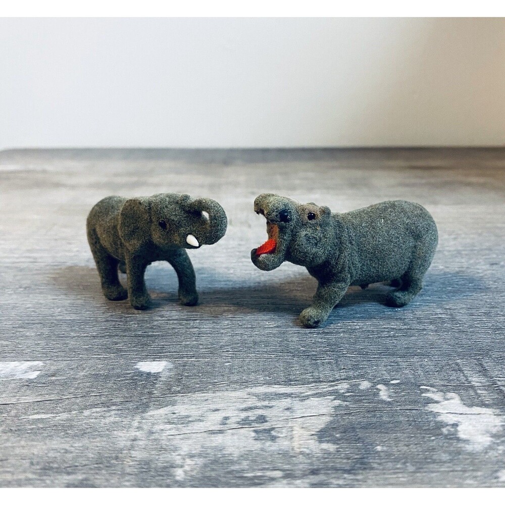 Vintage Flocked Hippo and Elephant Figure Figurines